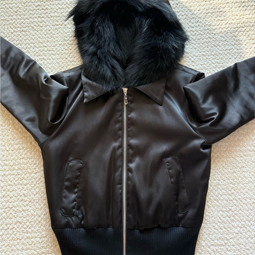 Sheri Bodell Black Satin Bomber Jacket with 100% Real Natural Fox Fur Hood